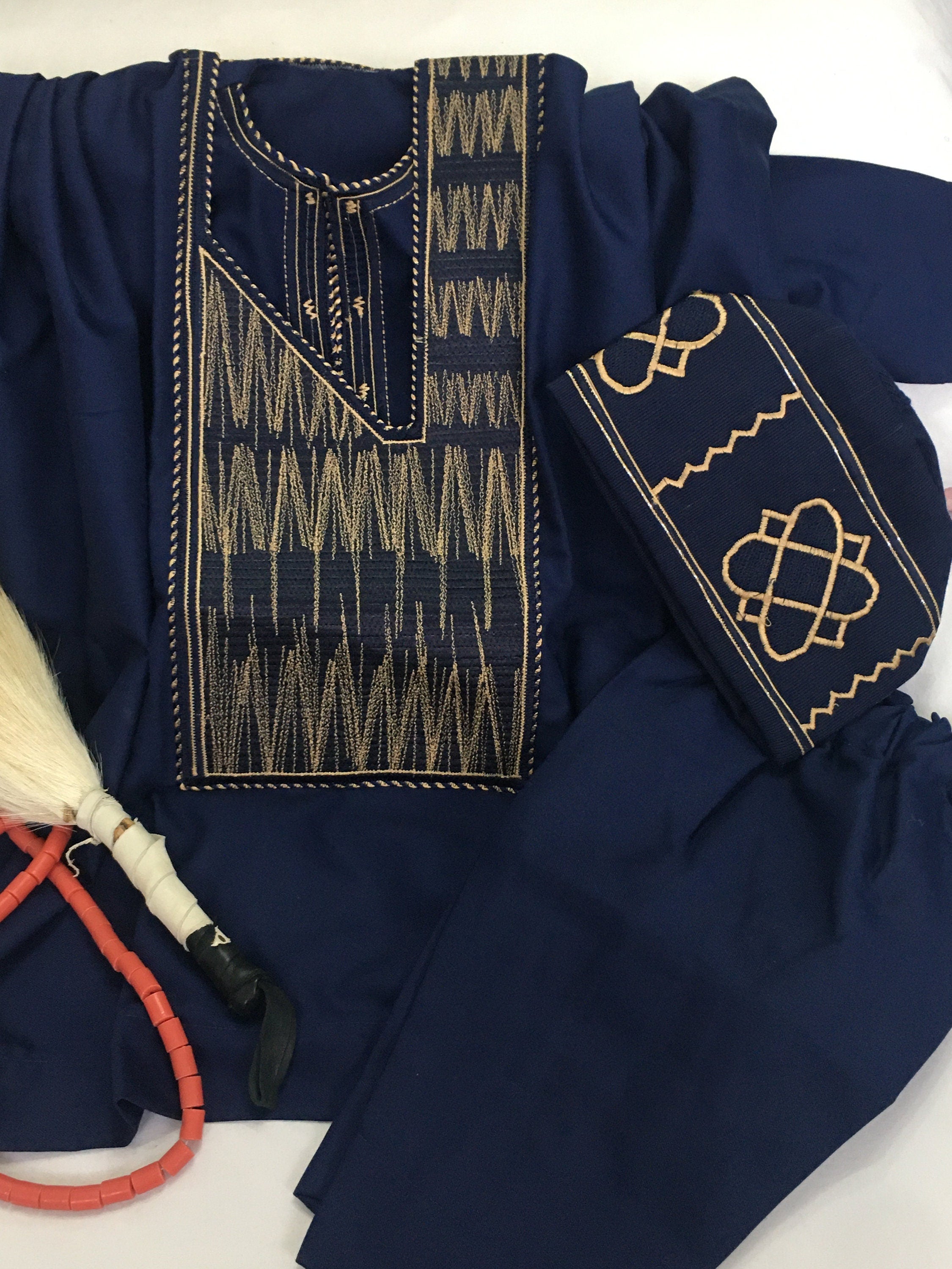 Outlet African First birthday outfit for boys. White and blue Agbada with beads for 1st birthday. Cashmere for kids. African suit for boys.